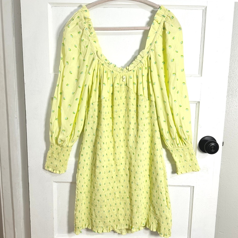Faithfull The Brand Floral Smocked Long Sleeve Yellow Mini Dress Size L Romantic